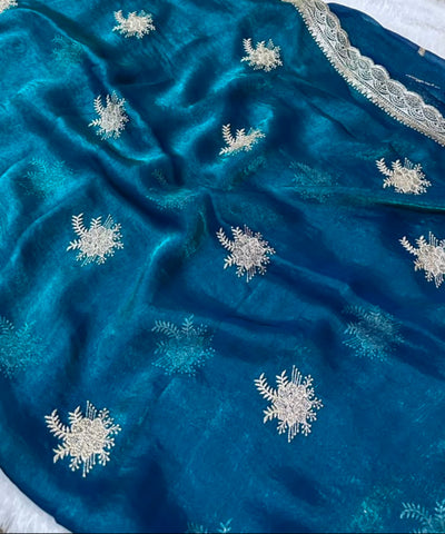 Shimmer silk saree Peacock Blue with Gold Zari | Glow & Glitter Boutique