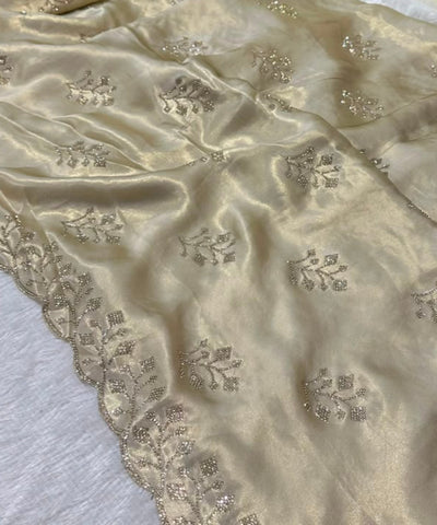 Designer satin silk Light Antique Gold Embroidery  | Glow & Glitter Boutique