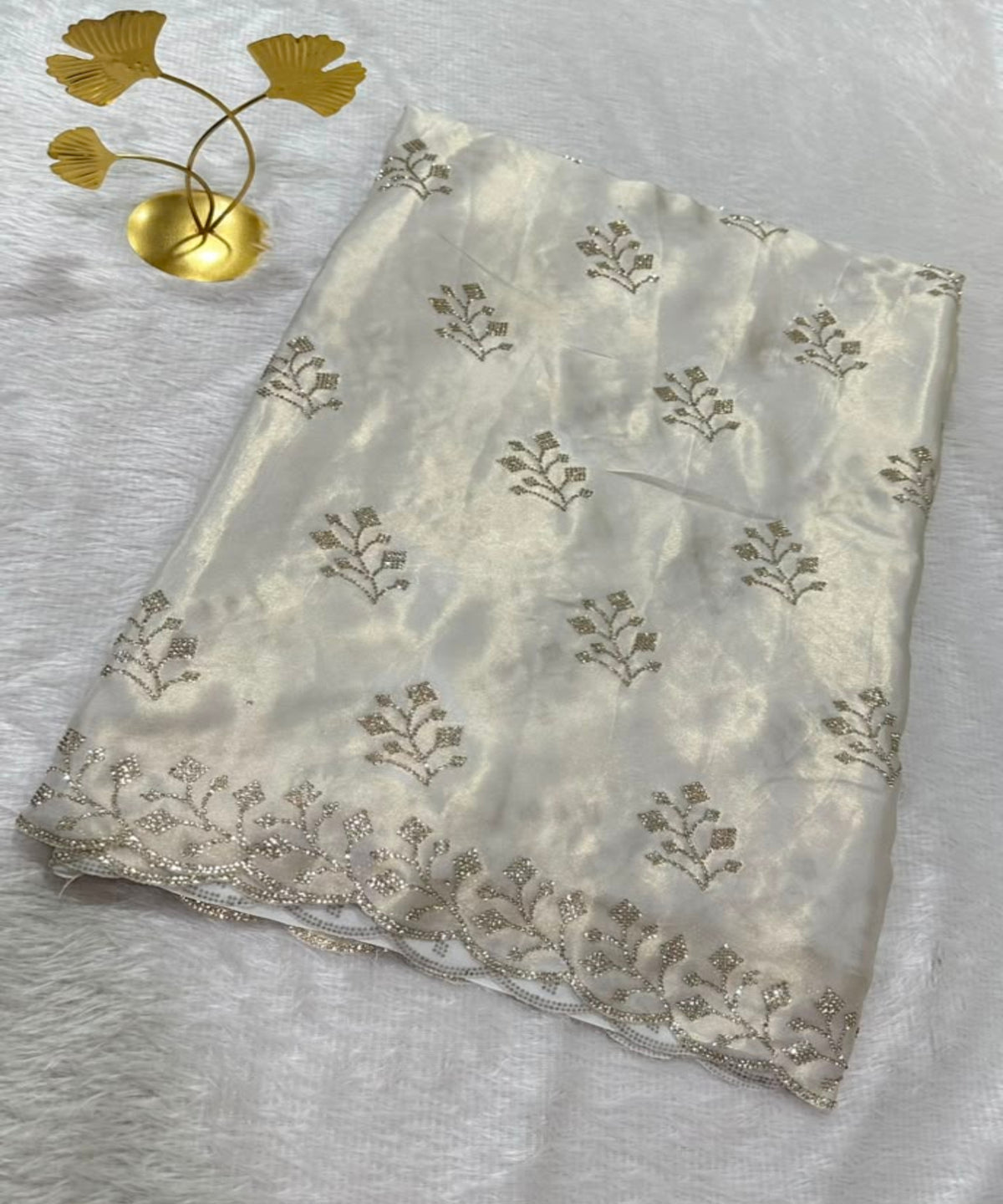 Designer satin silk Ivory White with Gold Embroidery | Glow & Glitter Boutique