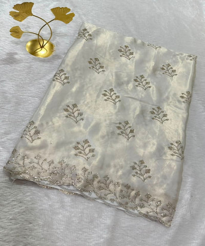 Designer satin silk Ivory White with Gold Embroidery | Glow & Glitter Boutique