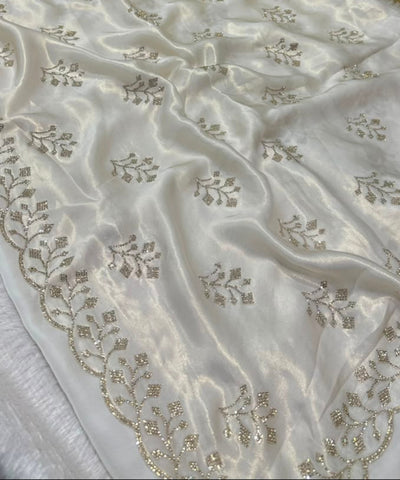 Designer satin silk Ivory White with Gold Embroidery | Glow & Glitter Boutique