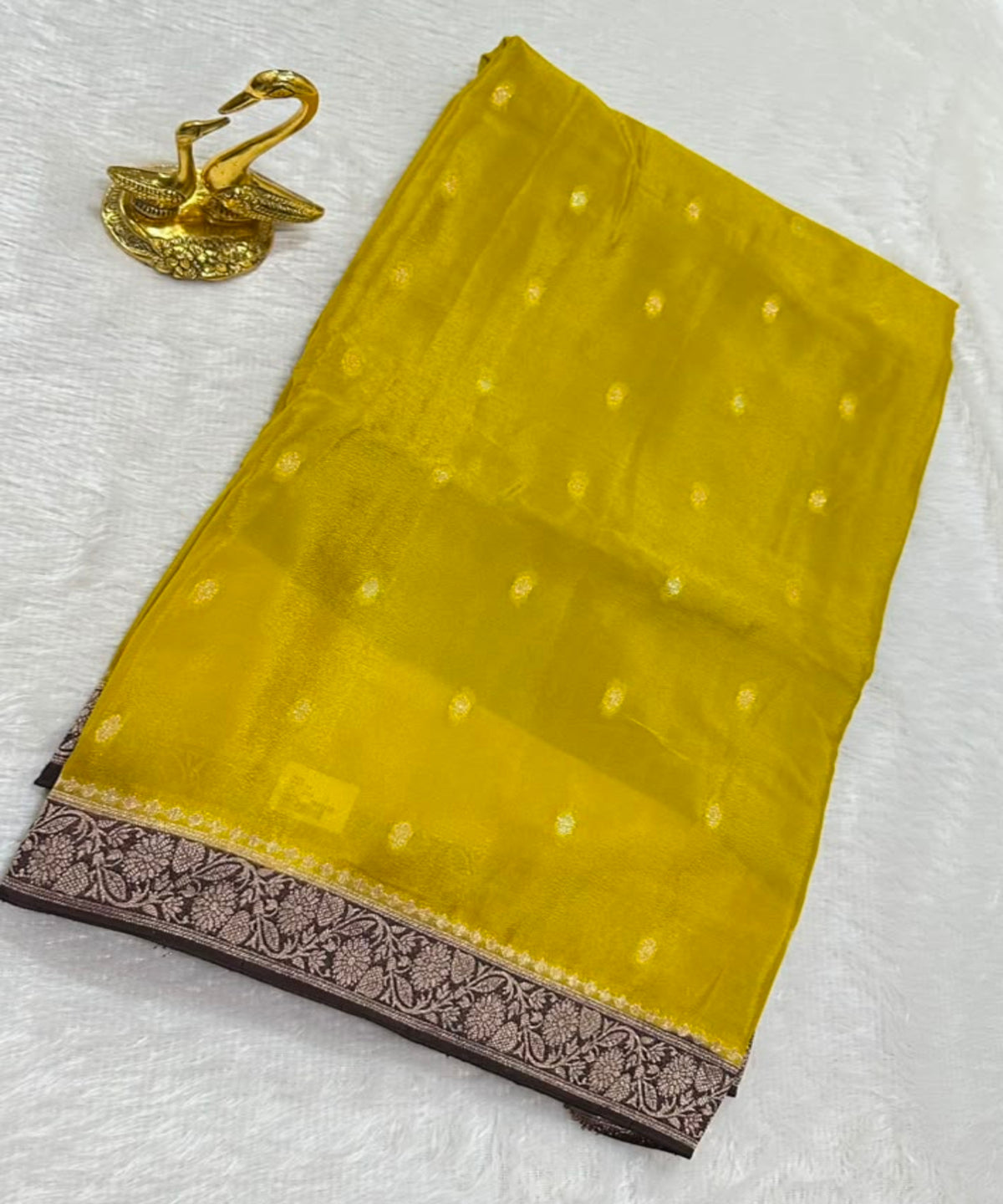 Banaras crepe silk saree Golden Mustard Yellow & Dark Brown Thin Border | Glow & Glitter Boutique