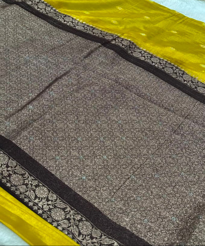 Banaras crepe silk saree Golden Mustard Yellow & Dark Brown Thin Border | Glow & Glitter Boutique