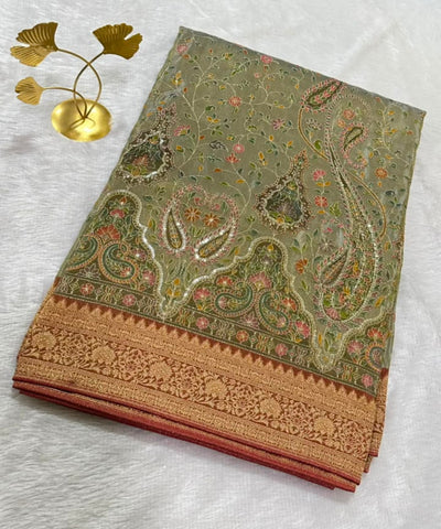 Pashmina silk saree with Olive Green with Multicolour hand Embroidery & Copper-Gold Zari | Glow & Glitter Boutique
