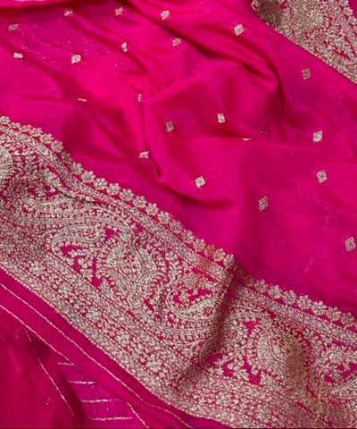 Premium Banaras silk saree Fuchsia Pink with Antique Gold Zari | Glow & Glitter Boutique