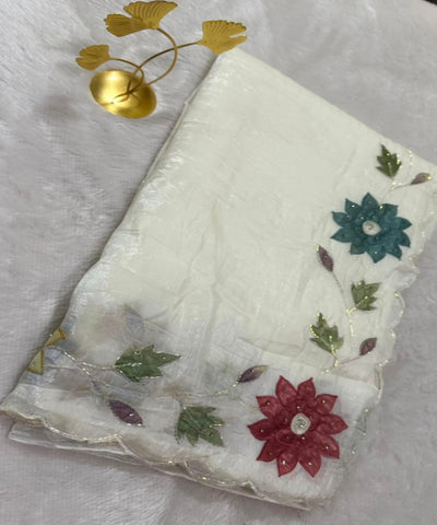 Designer crushed saree Ivory White Floral Hand Embroidered | Glow & Glitter Boutique