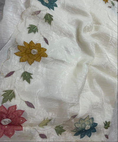 Designer crushed saree Ivory White Floral Hand Embroidered | Glow & Glitter Boutique