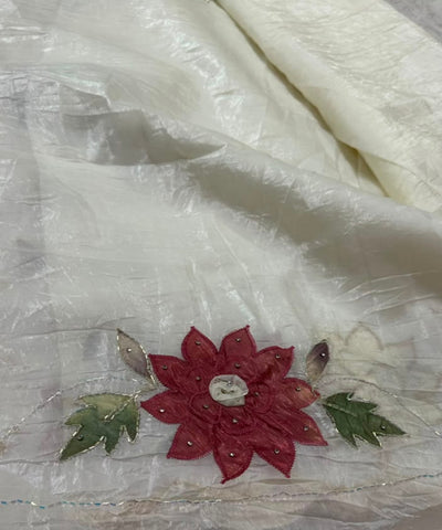 Designer crushed saree Ivory White Floral Hand Embroidered | Glow & Glitter Boutique