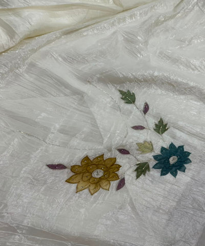 Designer crushed saree Ivory White Floral Hand Embroidered | Glow & Glitter Boutique