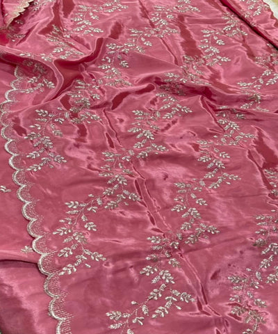 Designer silk saree Pastle Onion Shade with silver floral embroidery | Glow & Glitter Boutique