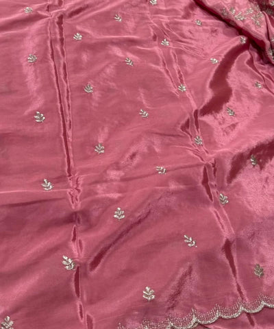 Designer silk saree Pastle Onion Shade with silver floral embroidery | Glow & Glitter Boutique
