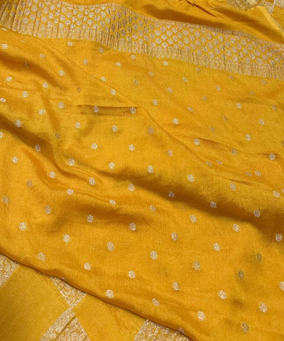Banaras georgette silk saree Golden Yellow With Gold Zari Border | Glow & Glitter Boutique