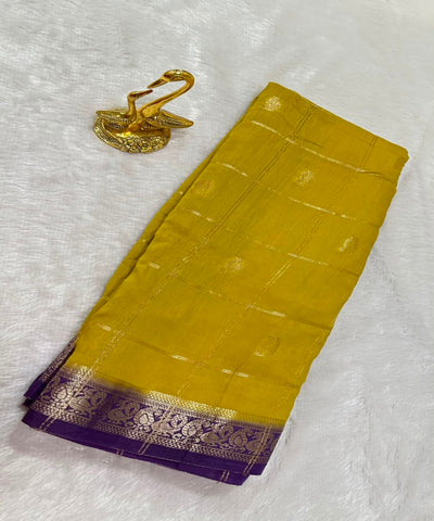 Assam silk saree Mustard Yellow With Purple Thin Border | Glow & Glitter Boutiuqe