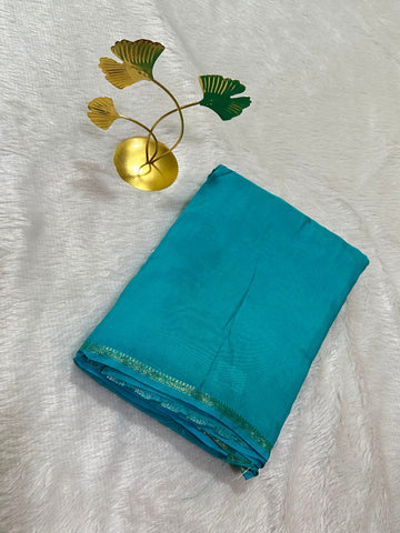 Viscose silk saree Sky Blue with Pencil Size Gold Zari Border  | Glow & Glitter Boutique