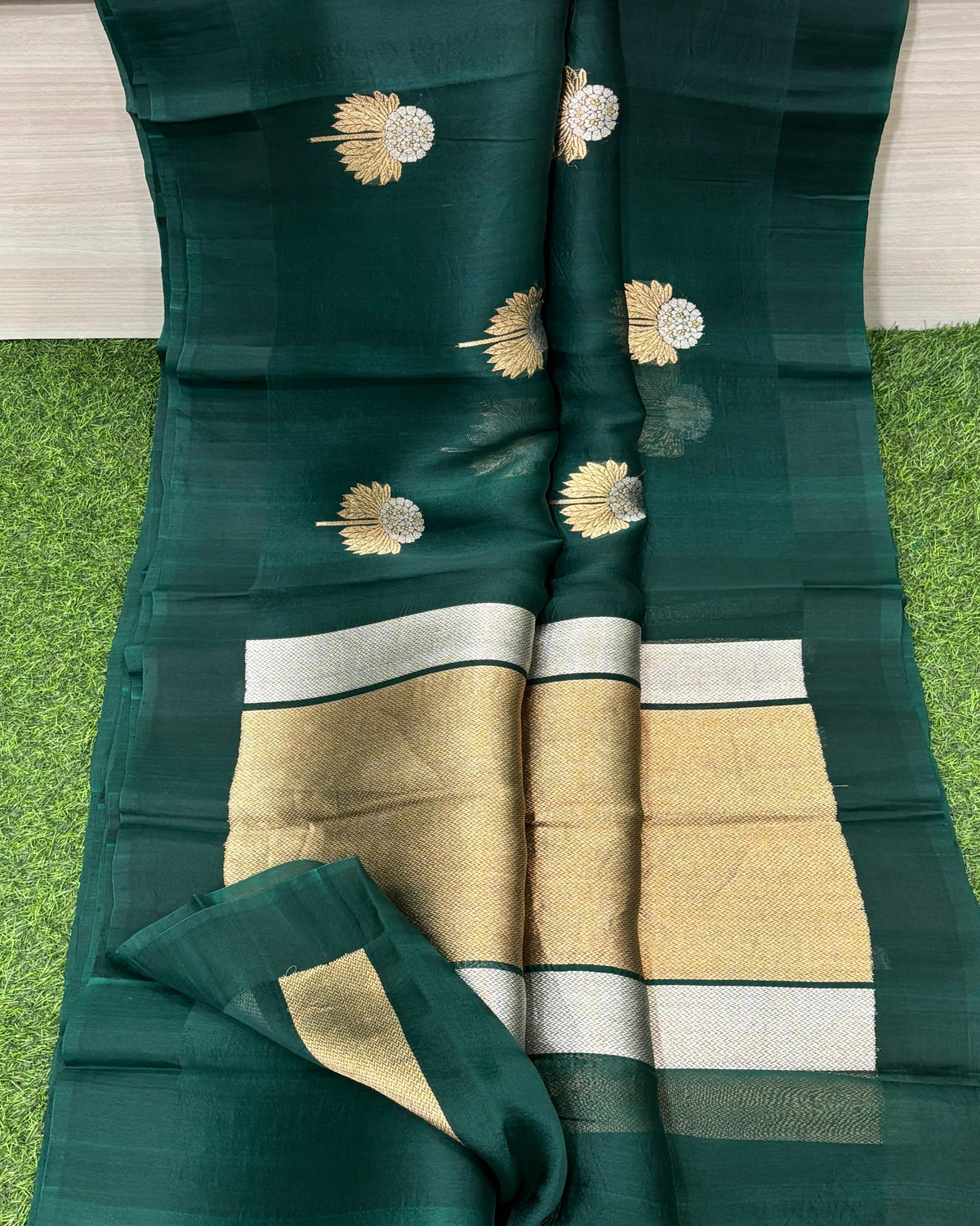 PURE HANDLOOM BANARASI KORA SILK SAREES Bottle Green With Gold Zari Border | Glitter & Glitter Boutique