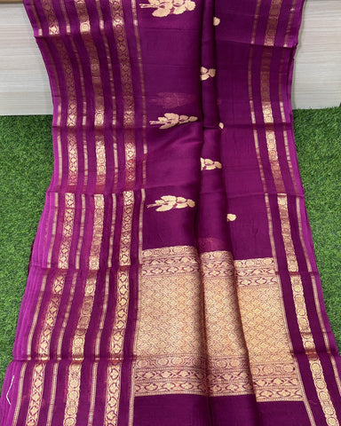PURE HANDLOOM BANARASI KORA SILK SAREES Beetroot Shade With Gold Zari Border | Glitter & Glitter Boutique