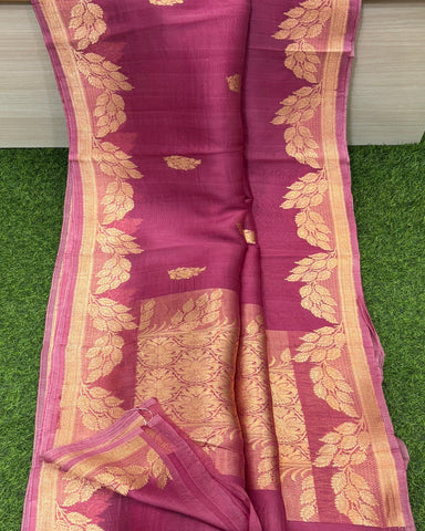 PURE HANDLOOM BANARASI KORA SILK SAREES Onion Pink With Gold Zari Border | Glitter & Glitter Boutique