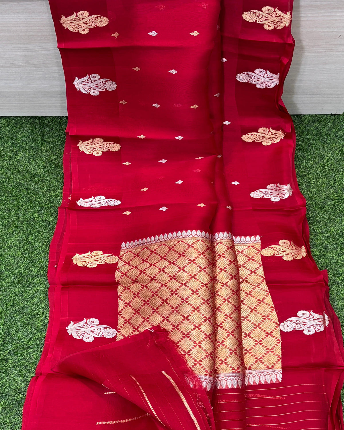 PURE HANDLOOM BANARASI KORA SILK SAREES Red With Gold Zari Border | Glitter & Glitter Boutique
