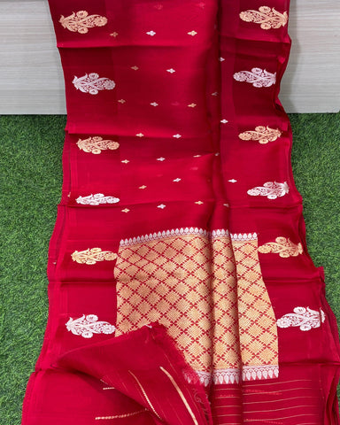 PURE HANDLOOM BANARASI KORA SILK SAREES Red With Gold Zari Border | Glitter & Glitter Boutique