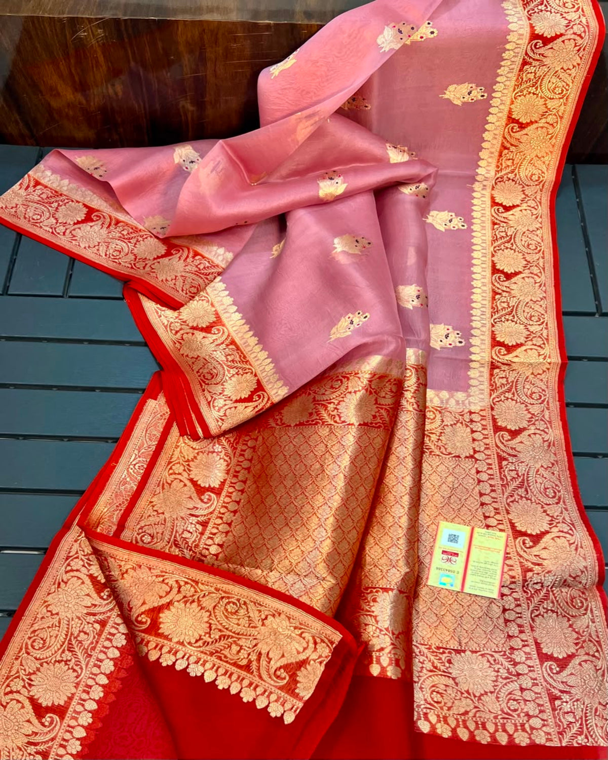 PURE HANDLOOM KORA SILK SAREES Onion Pink & Red with Antique Gold Zari | Glitter & Glitter Boutique