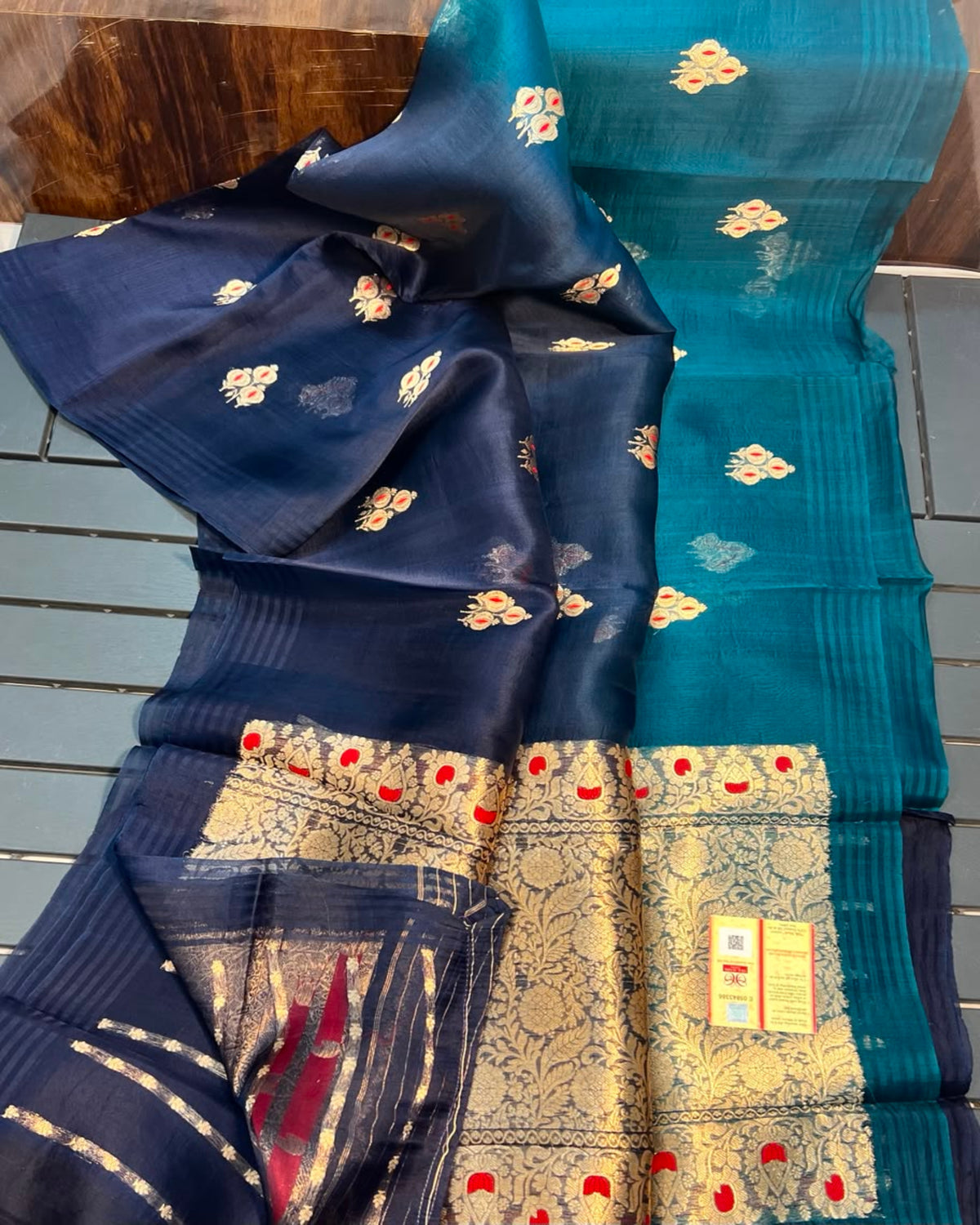 PURE HANDLOOM KORA SILK SAREES Navy Blue & Teal BlueWith Antique Gold Zari | Glitter & Glitter Boutique