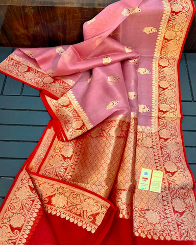 PURE HANDLOOM KORA SILK SAREES Onion Pink & Red with Antique Gold Zari | Glitter & Glitter Boutique