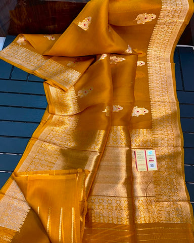 PURE HANDLOOM KORA SILK SAREES Golden Yellow With Antique Gold Zari | Glitter & Glitter Boutique