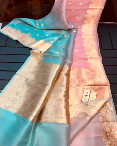 PURE HANDLOOM KORA SILK SAREES Aqua Blue & Blush Pink | Glitter & Glitter Boutique