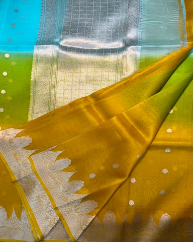 PURE HANDLOOM KORA SILK SAREES Yellow, Lime Green & Aqua Blue | Glitter & Glitter Boutique