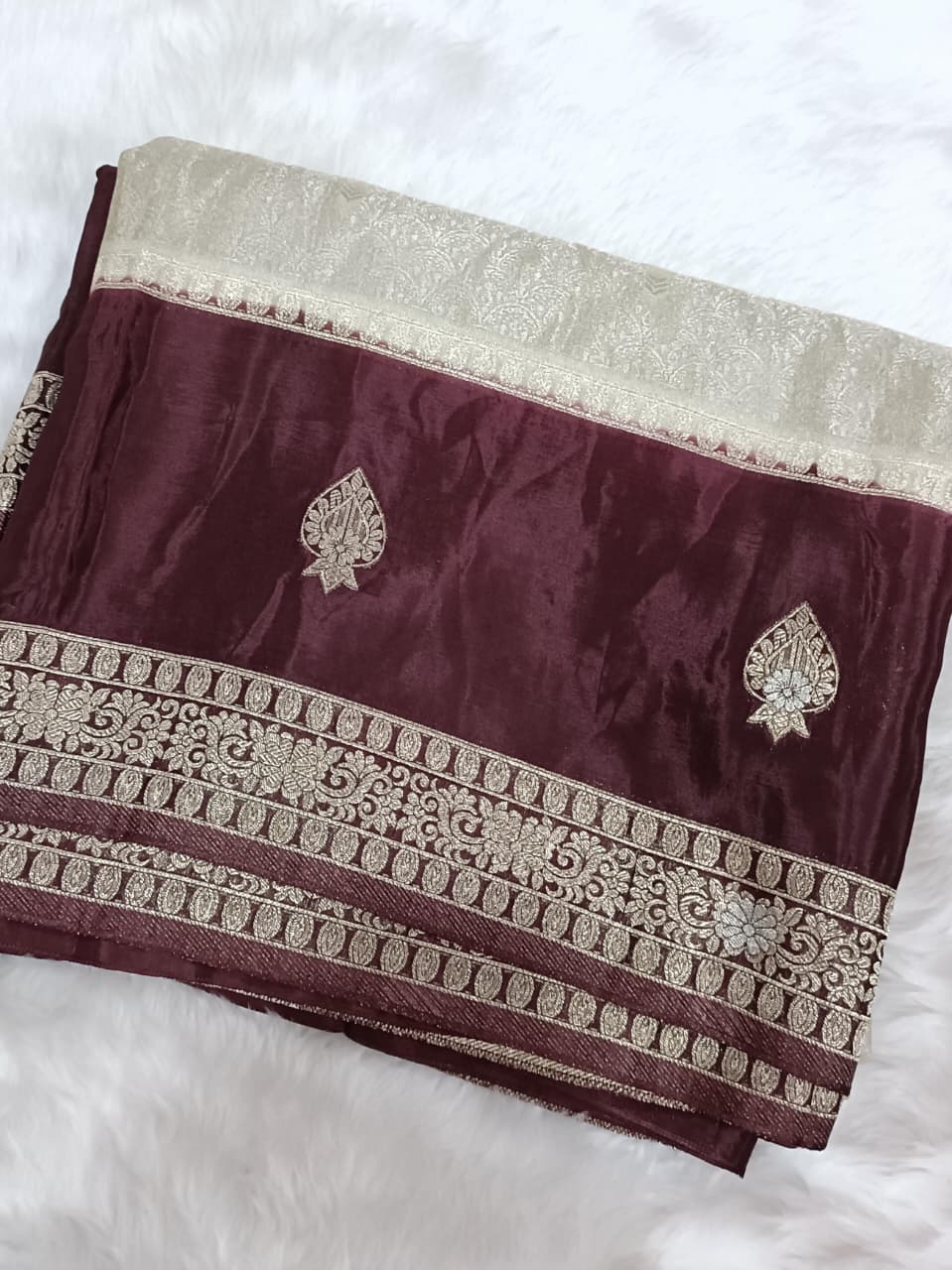 Ivory Royale Brown Border Crepe Saree | Glow & Glitter Boutique