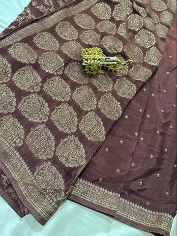 Banaras Crepe silk saree Brown Color | Glow & Glitter Boutique