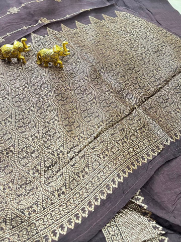 Matka tussar silk saree Deep Chocolate Brown Shade | Glow & Glitter Boutique