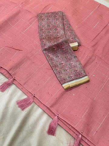 Linen Silk saree with designer blouse Lavender mix Pink Color Shade | Glow & Glitter Boutique