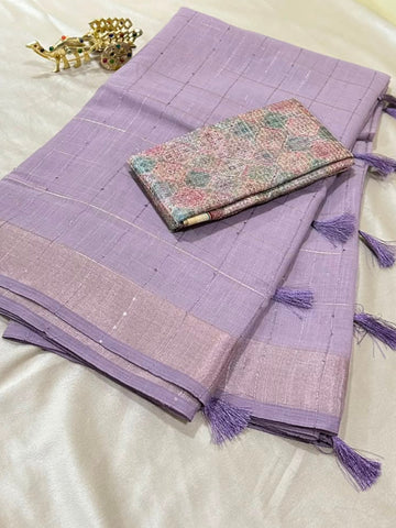 Linen Silk saree with designer blouse lilac Color Shade | Glow & Glitter Boutique