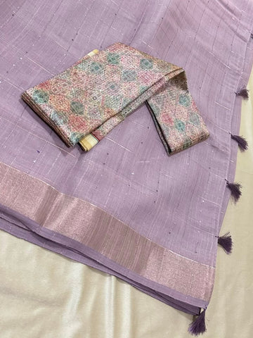 Linen Silk saree with designer blouse lilac Color Shade | Glow & Glitter Boutique