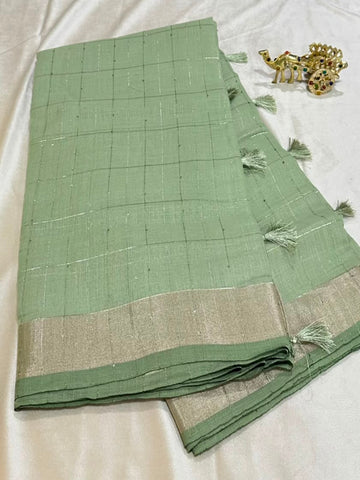 Linen Silk saree with designer blouse Pastel Pista Green Color | Glow & Glitter Boutique