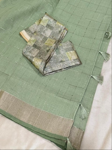 Linen Silk saree with designer blouse Pastel Pista Green Color | Glow & Glitter Boutique