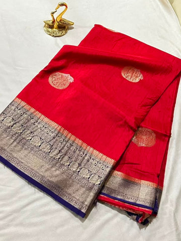 Premium magma tussar silk saree with grand pallu and blouse Rani Pink shade Purple Color Border | Glow & Glitter Boutique