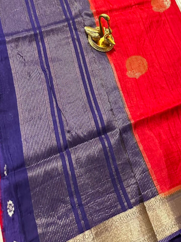 Premium magma tussar silk saree with grand pallu and blouse Rani Pink shade Purple Color Border | Glow & Glitter Boutique