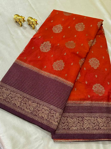 Premium Banaras silk with blouse rust shade | Glow & Glitter Boutique
