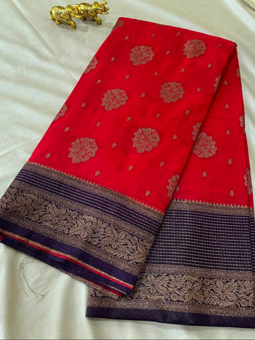Premium Banaras  silk with blouse Crimson Red shade | Glow & Glitter Boutique