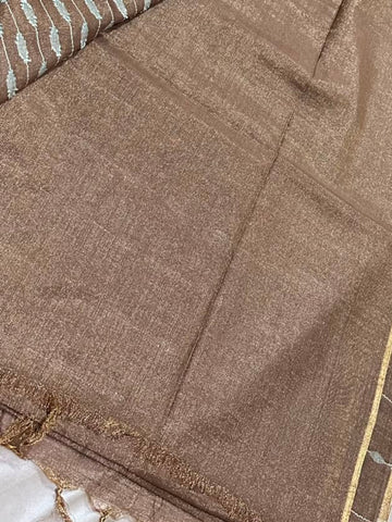 Tissue Linen Silk Mocha Brown with Antique Gold Zari Border | Glow & Glitter Boutique
