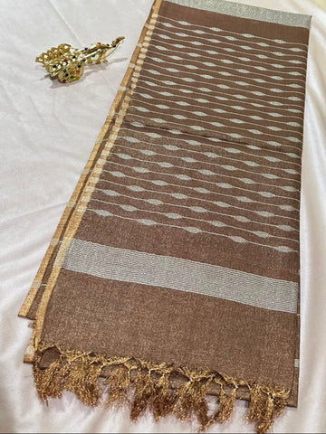 Tissue Linen Silk Mocha Brown with Antique Gold Zari Border | Glow & Glitter Boutique