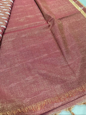 Tissue Linen Silk Dusty Rose with Antique Gold Zari Border | Glow & Glitter Boutique