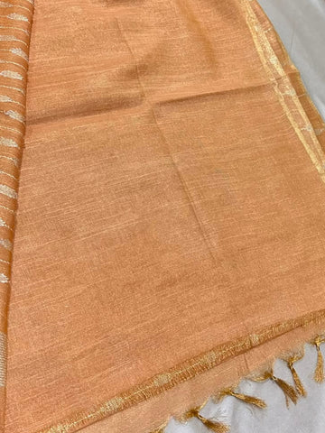Tissue Linen Silk Golden Peach with Gold Zari Border | Glow & Glitter Boutique