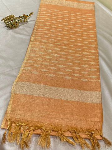 Tissue Linen Silk Golden Peach with Gold Zari Border | Glow & Glitter Boutique