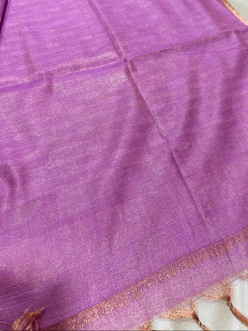 Tissue Linen Silk Lavender Purple Shade with Gold Zari Border | Glow & Glitter Boutique