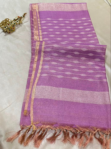 Tissue Linen Silk Lavender Purple Shade with Gold Zari Border | Glow & Glitter Boutique
