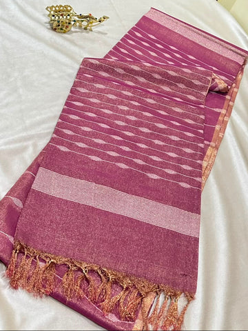 Tissue Linen Silk Mauve Pink with Rose Gold Zari Border | Glow & Glitter Boutique