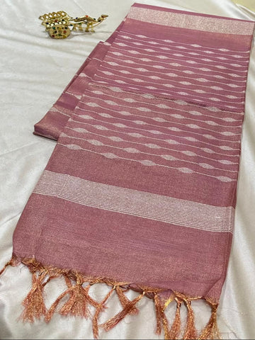 Tissue Linen Silk Dusty Mauve with Rose Gold Zari Border | Glow & Glitter Boutique